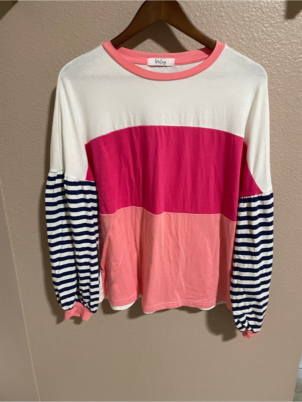 Colorblock Long Sleeve Tee with Striped Puff Sleeves - Pink Colorblock